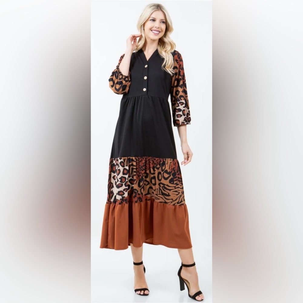 NWOT Boutique Stylish Black and Brown Animal Print Maxi Dress Size XL